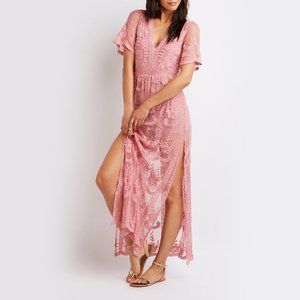 Boho Pink Floral Mesh Embroidered Maxi Romper